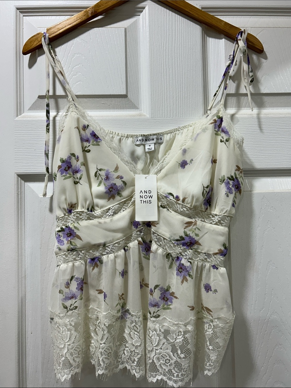 And Now This Cream Floral Lace Tie-Shoulder Cami